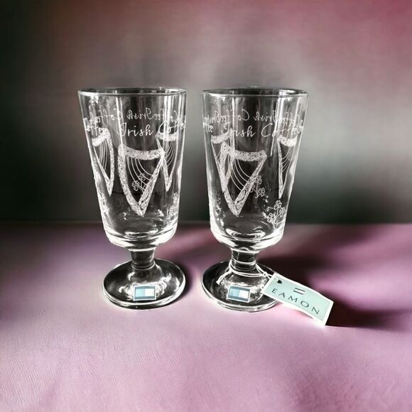 Eamon Irish Coffee Glass Set Pair Stemmed Etched Harp Shamrocks Hand Etched. - Picture 16 of 16
